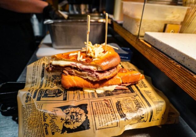 Cross-section of a classic Cuban sandwich, Miami style.