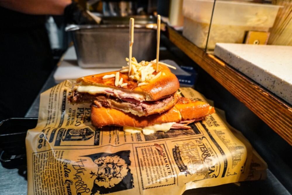 Cross-section of a classic Cuban sandwich, Miami style Cross-section of a classic Cuban sandwich, Miami style.
