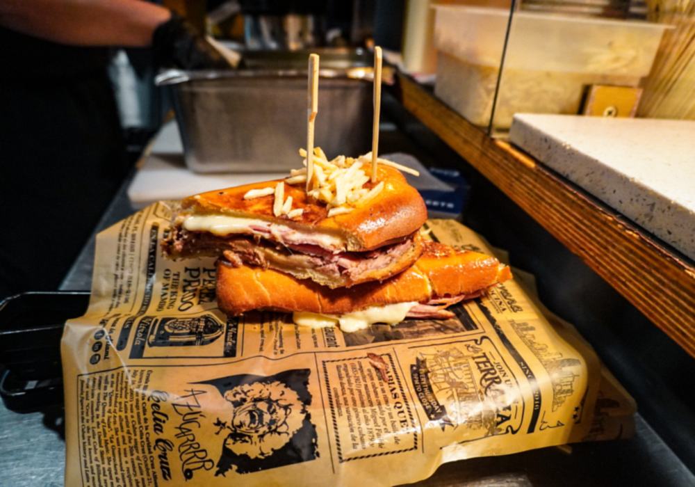 Cross-section of a classic Cuban sandwich, Miami style.