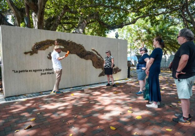 Carved map of Cuba and Jose Marti quote wall in Little Havana, Miami.